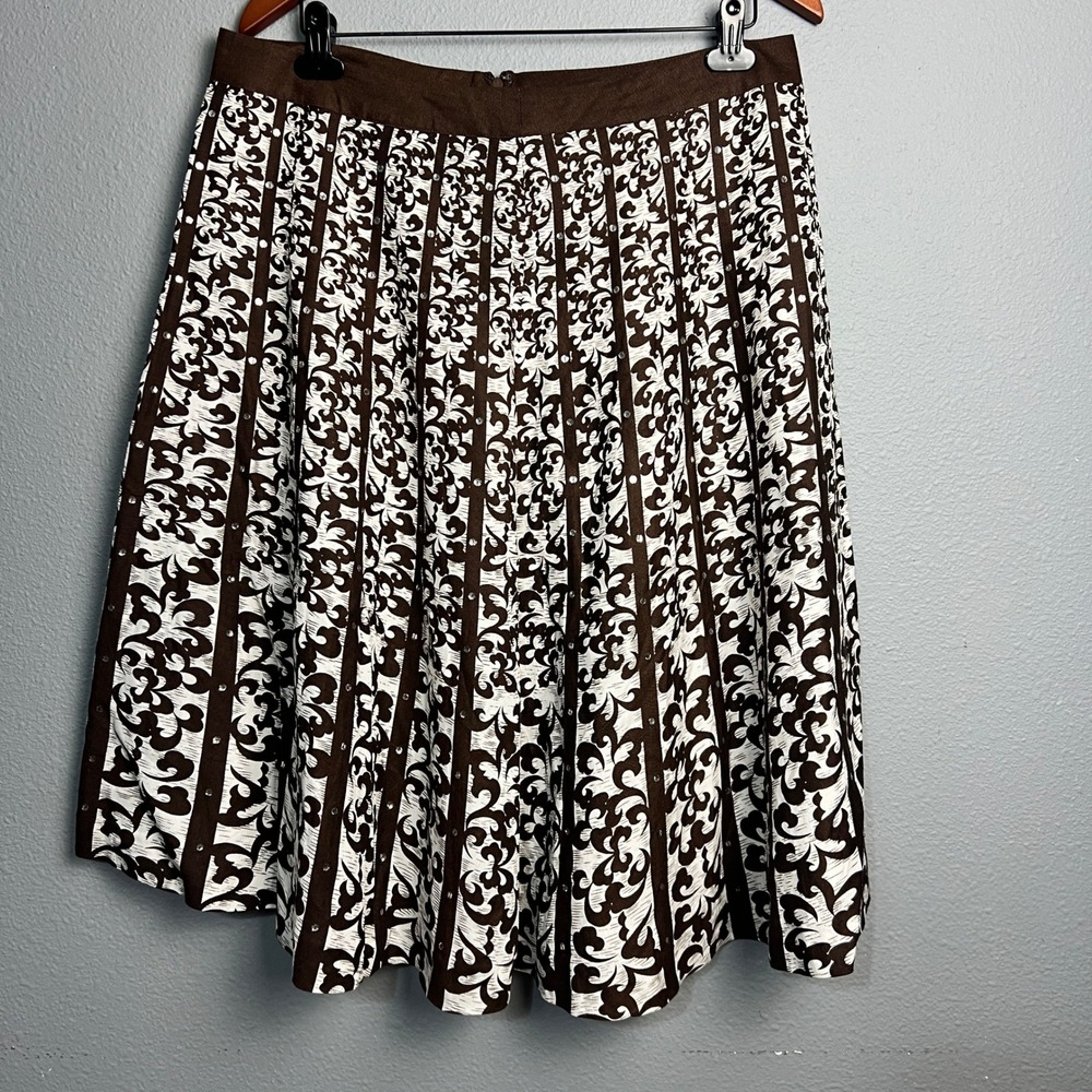 Dressbarn Pleated Midi Skirt Brown White Damask Print Rhinestone Accents Size 12